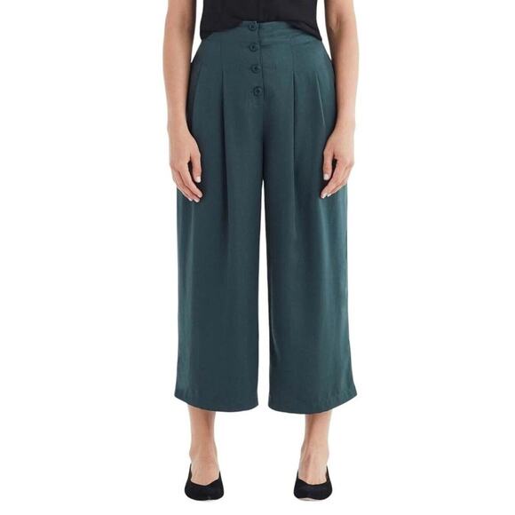 VETTA Capsule Button Fly Culottes Pants Green Tencel Wide Leg High Waist Size 4 - Picture 2 of 9